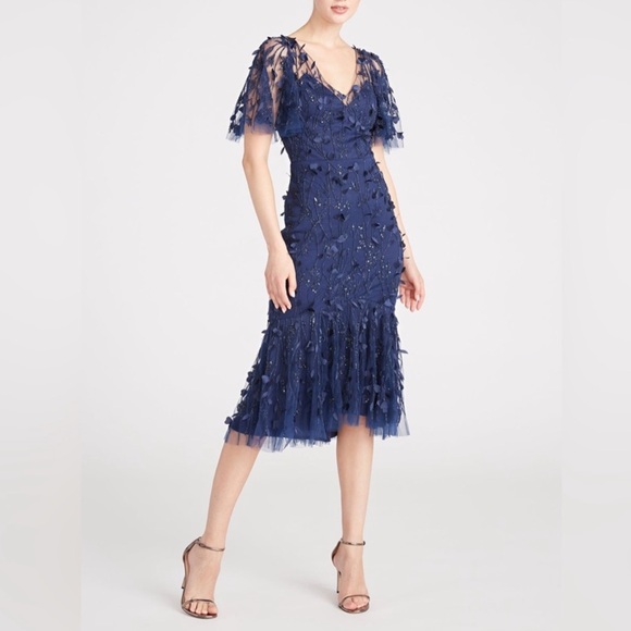 Theia Gretchen Appliqué Sequin Cocktail Dress Navy NWT Size 4 Floral Midi Dress - Picture 1 of 11